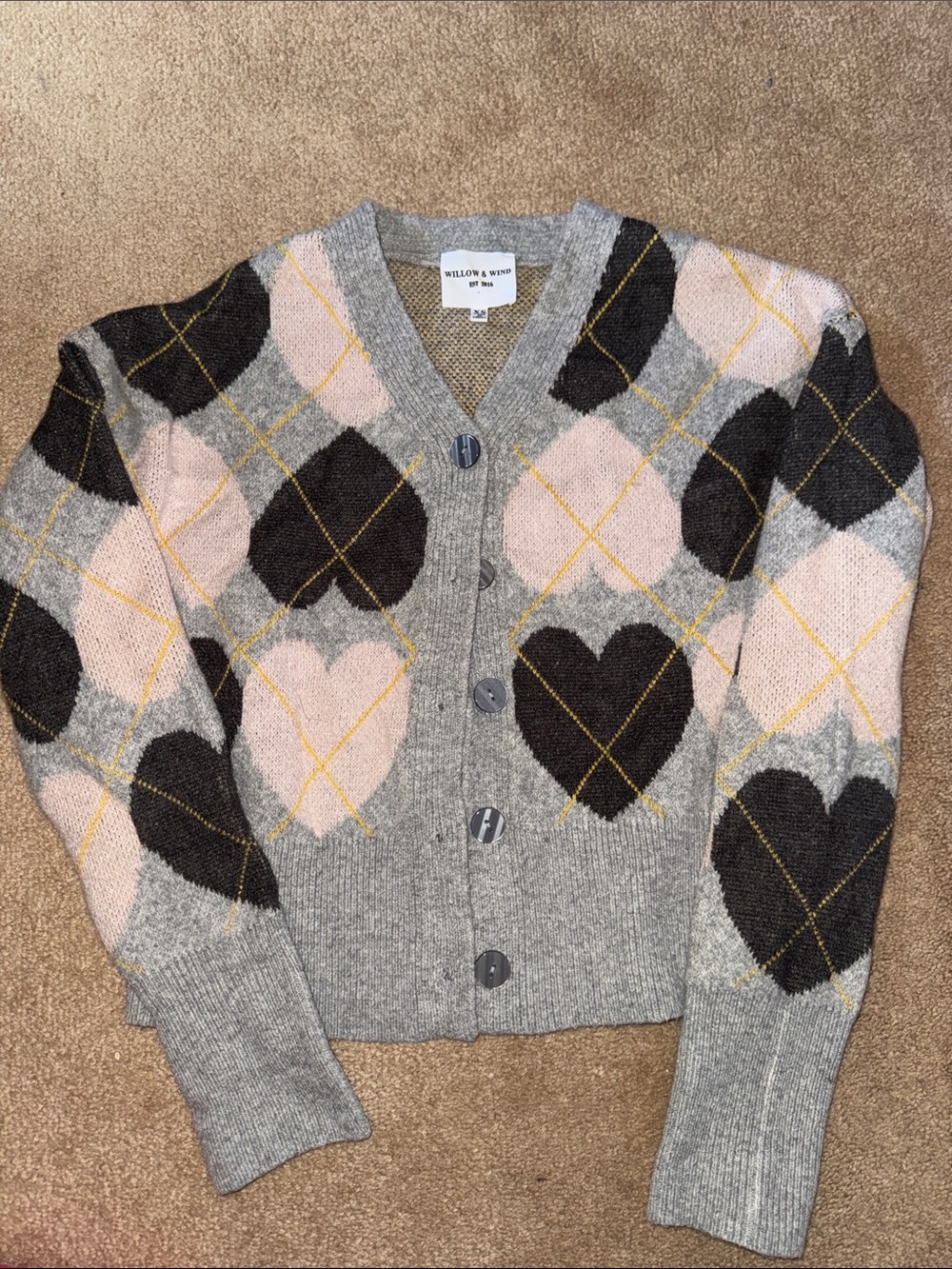 Willow & Wind Gray Heart Argyle Button Cardigan Sweater